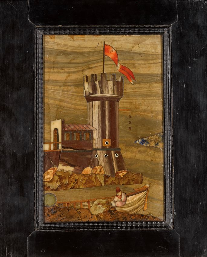 An Italian Florentine marble, hard stones and pietre tenere panel of the the Gran Ducal workshop, depicting a part of a tower fortification sea with a  red  flag  and a small boat with a figure. | MasterArt